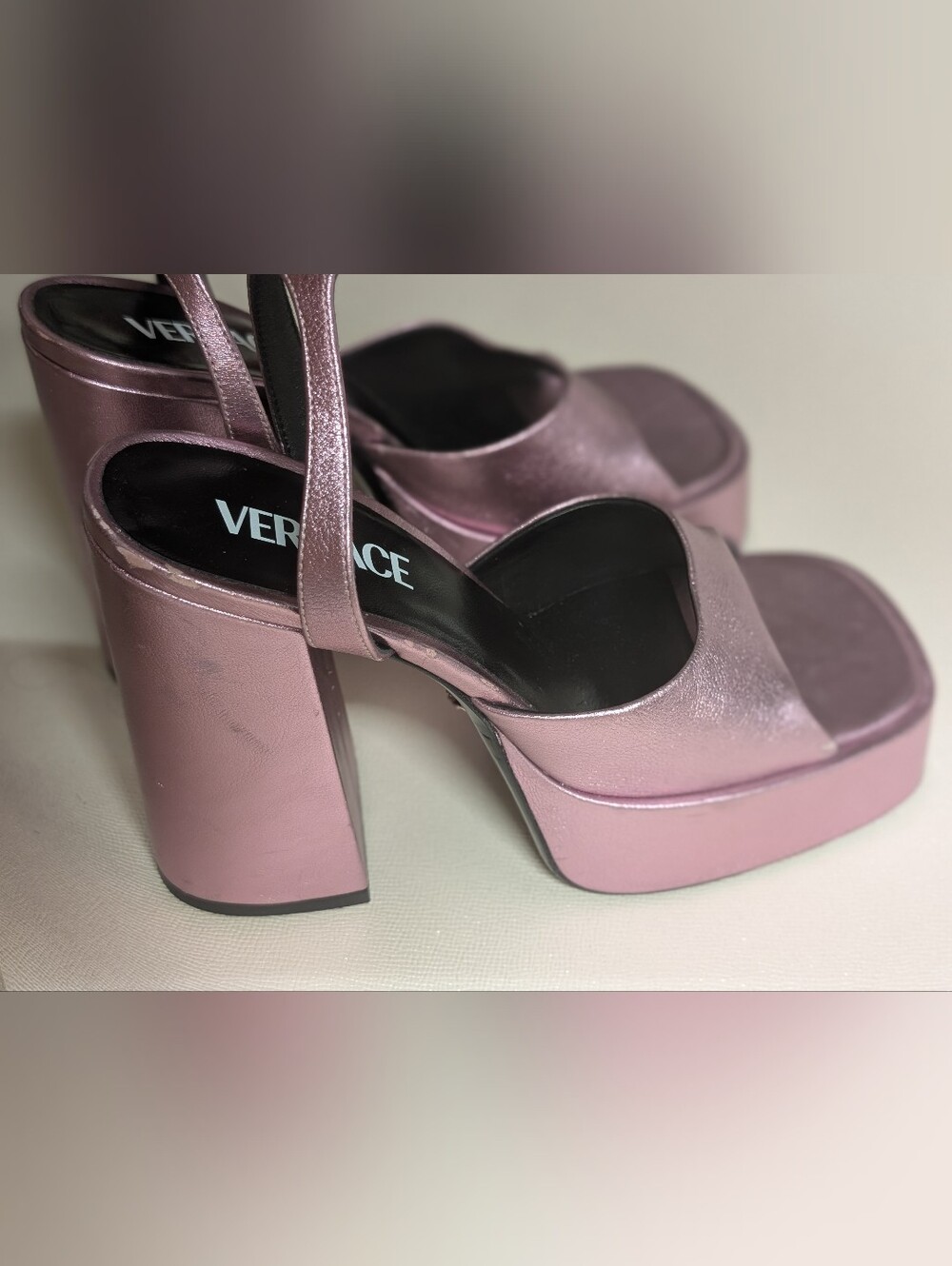 Versace Metallic Mauve Pink Platform Block Heel Sandals 38